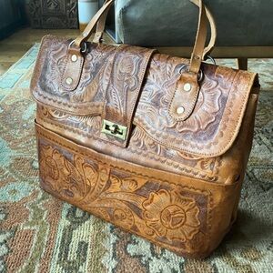 OOAK Vintage Tooled Leather Turn Lock Closure Large Hand Bag